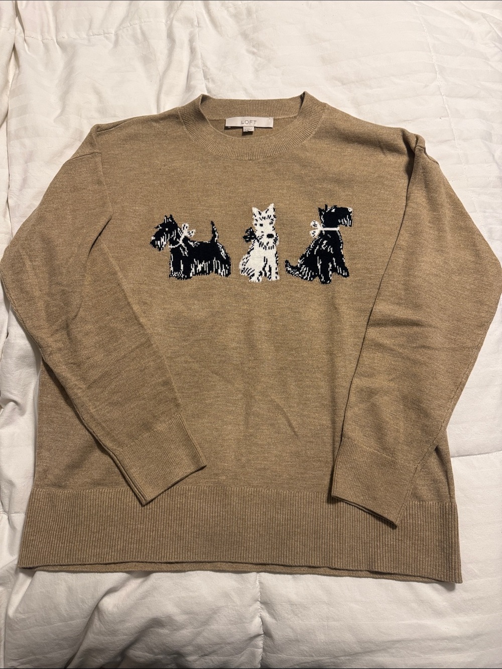 LOFT - Tan Crewneck Sweater with Black & White Dog Motifs - Medium